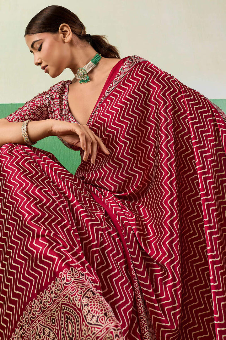 Merlot Maroon Ajrakh Printed Satin Silk Saree