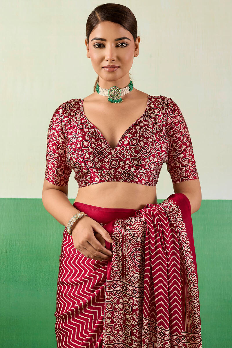 Merlot Maroon Ajrakh Printed Satin Silk Saree
