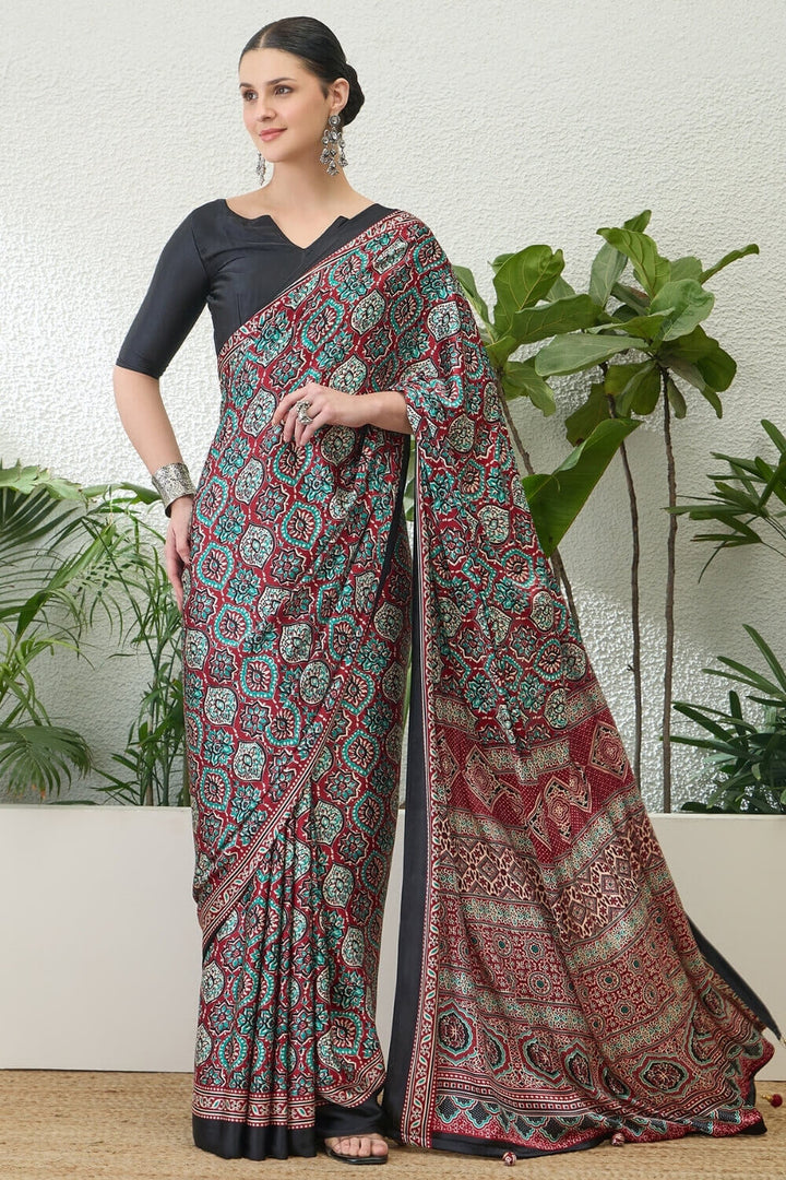 Merlot Maroon Printed Satin Silk Saree