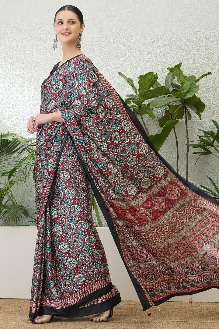 Merlot Maroon Printed Satin Silk Saree