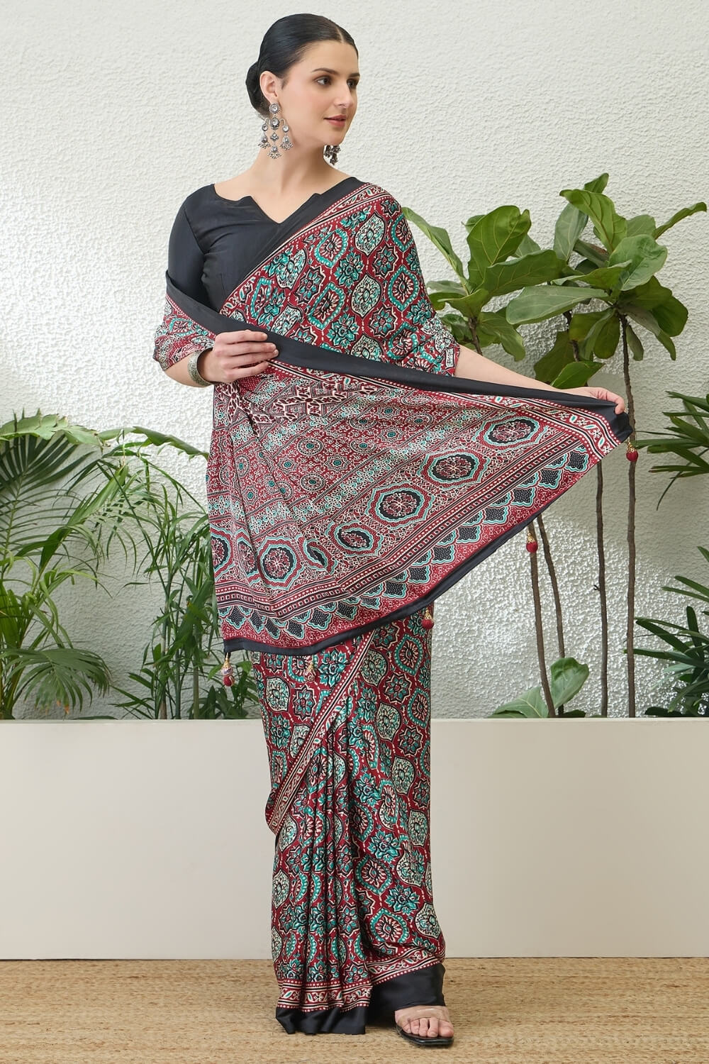 Merlot Maroon Printed Satin Silk Saree