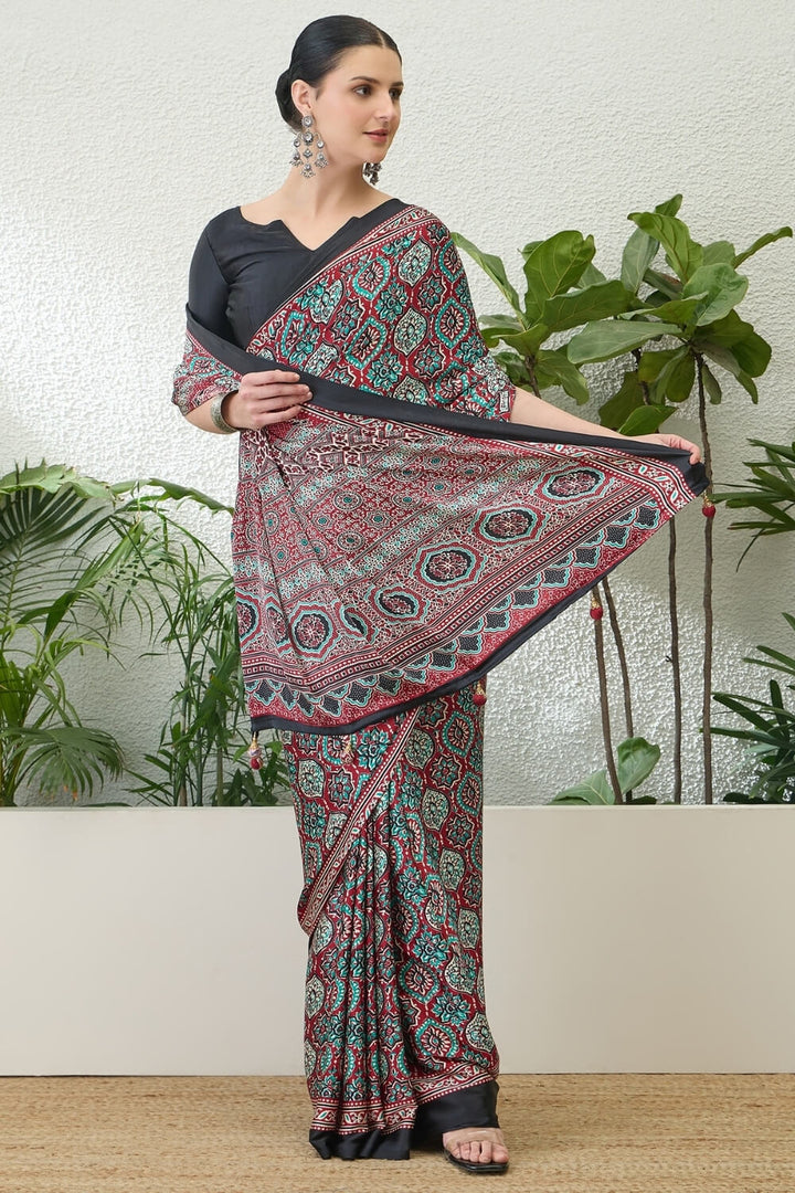 Merlot Maroon Printed Satin Silk Saree