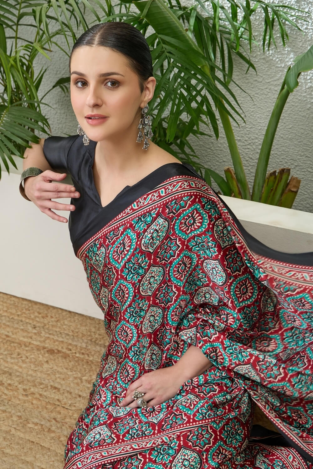 Merlot Maroon Printed Satin Silk Saree