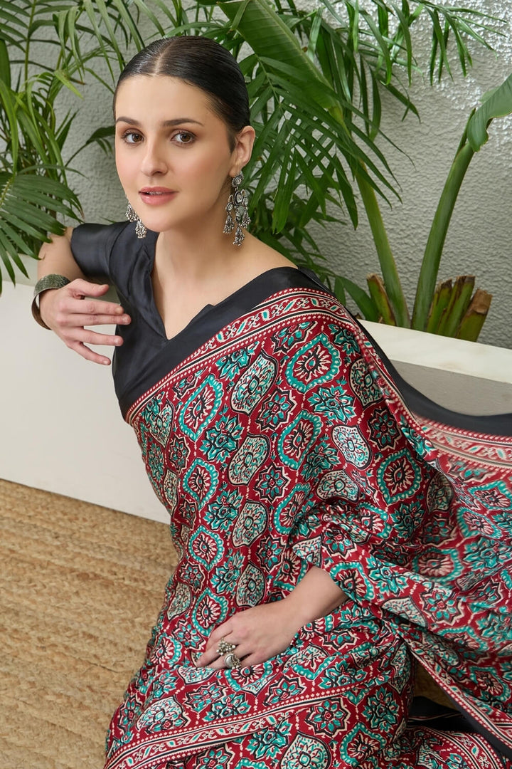 Merlot Maroon Printed Satin Silk Saree