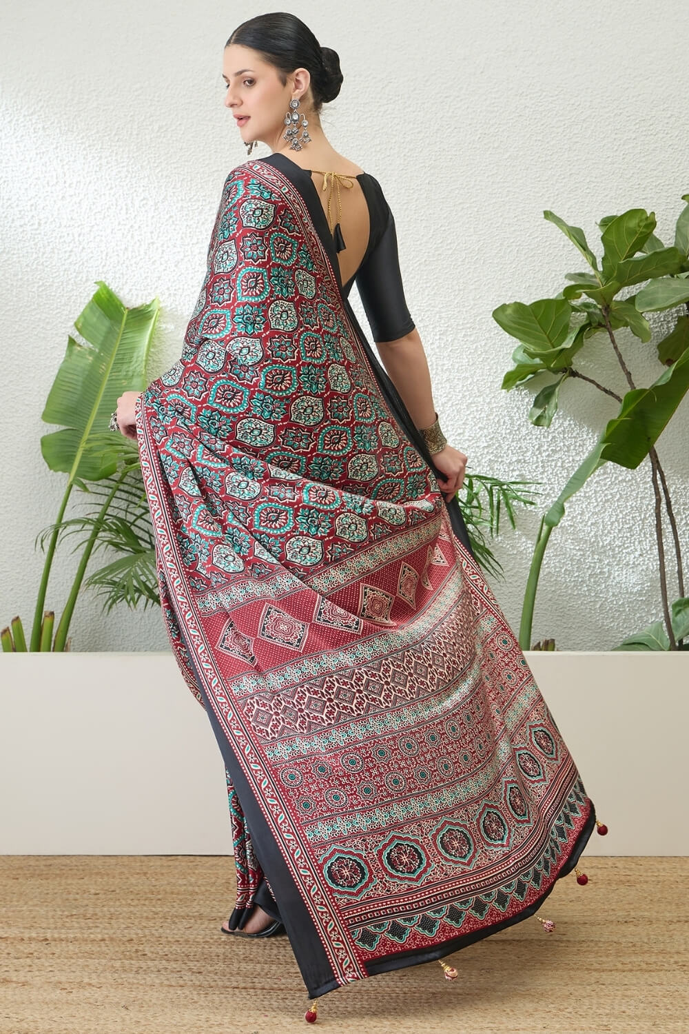Merlot Maroon Printed Satin Silk Saree