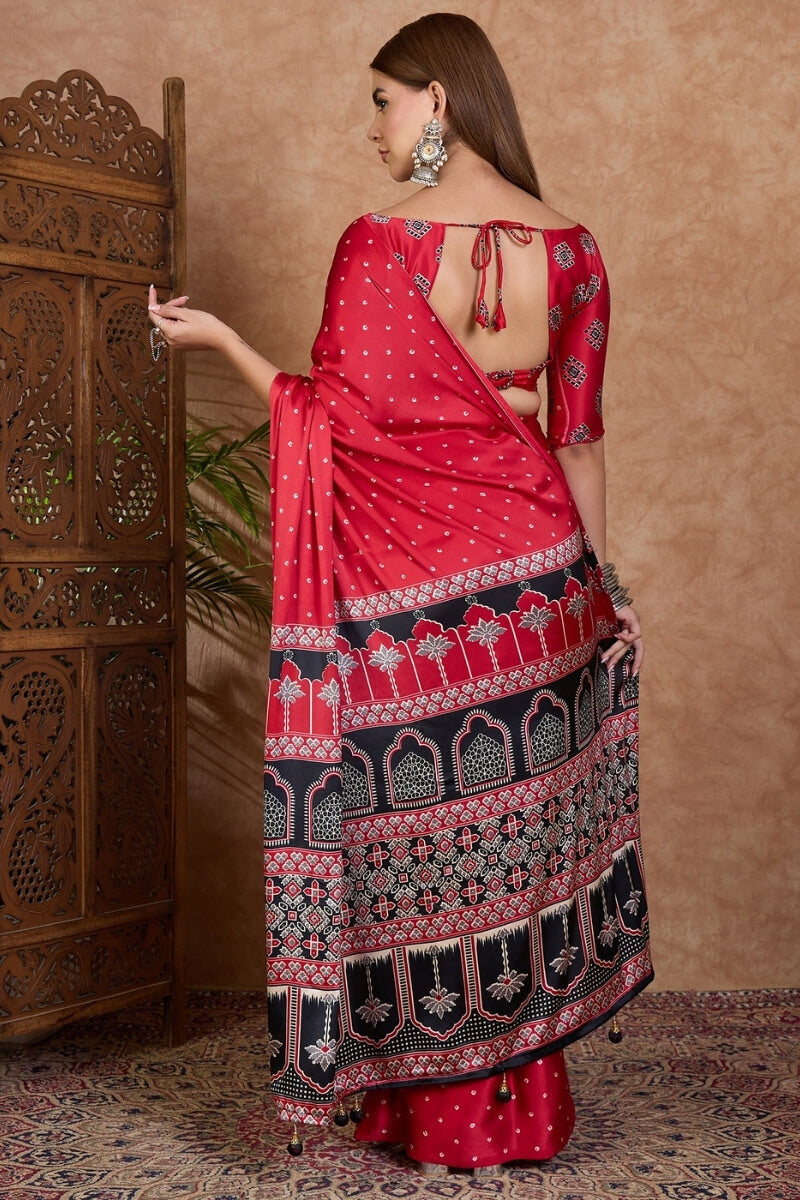 Merlot Red Ajrakh Printed Satin Silk Saree