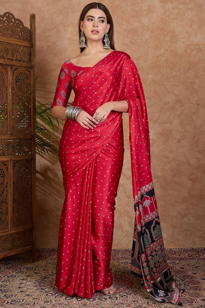 Merlot Red Ajrakh Printed Satin Silk Saree