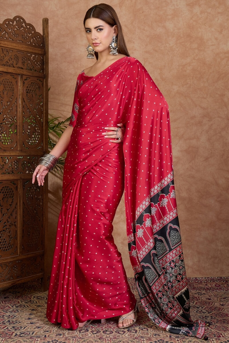 Merlot Red Ajrakh Printed Satin Silk Saree