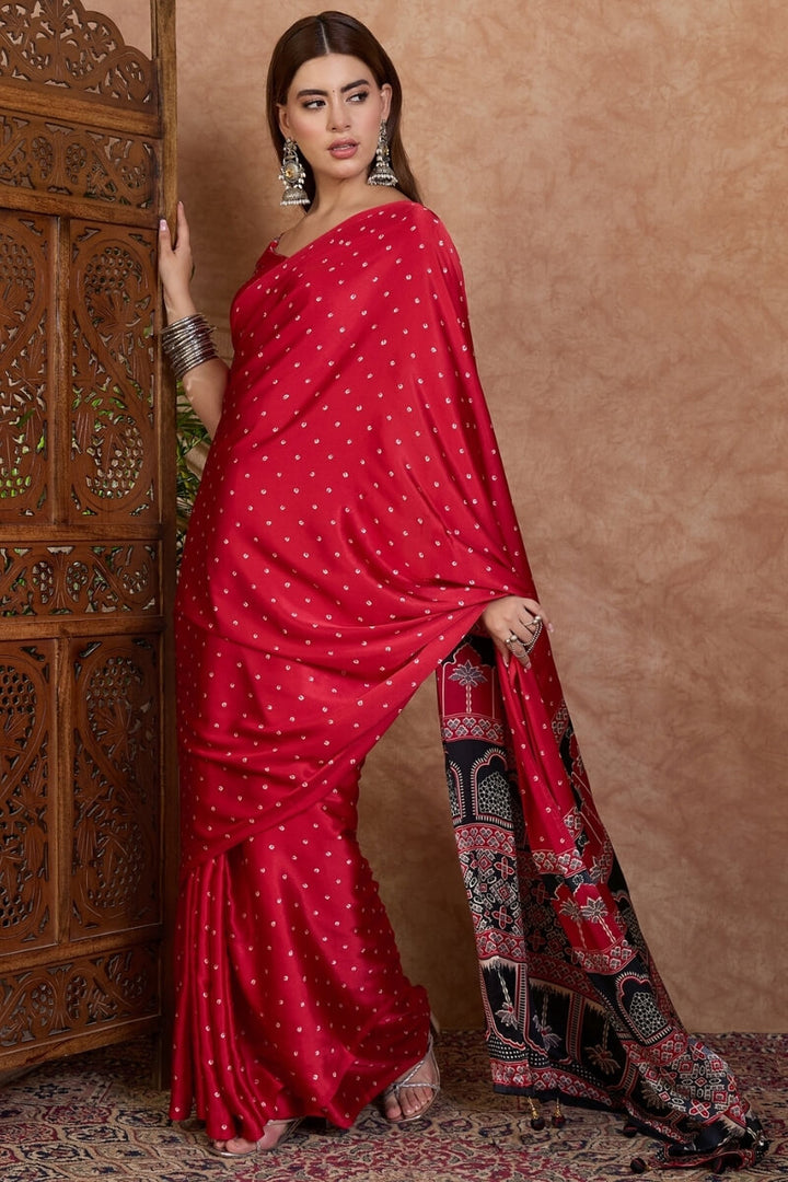 Merlot Red Ajrakh Printed Satin Silk Saree