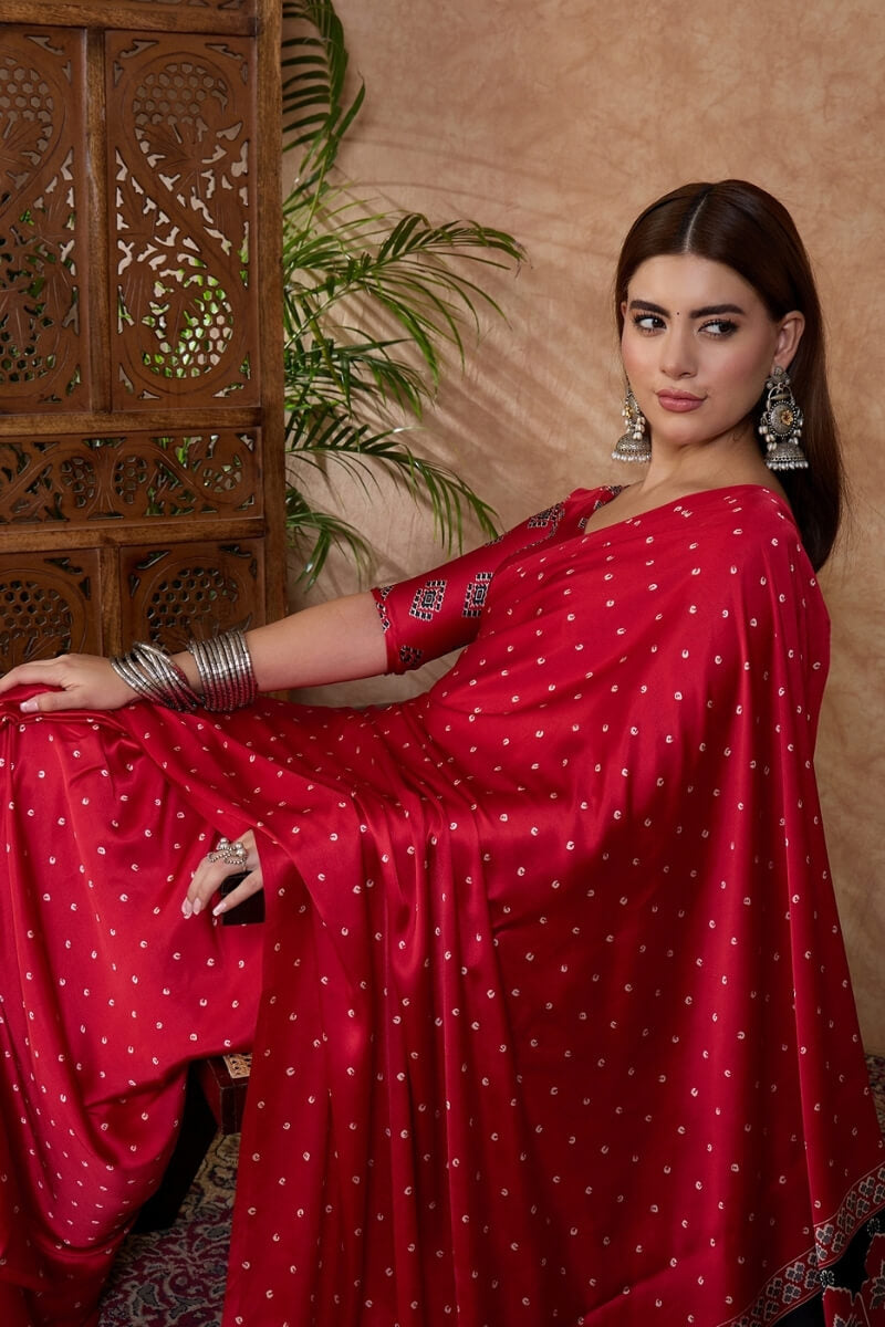 Merlot Red Ajrakh Printed Satin Silk Saree