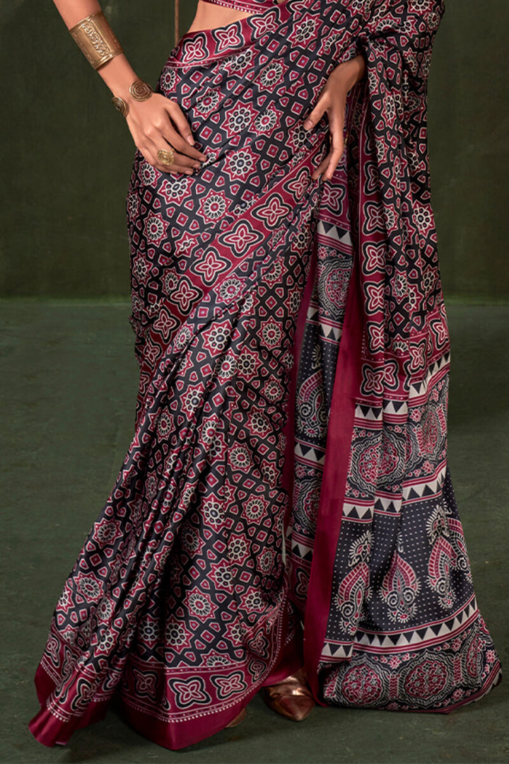 Merlot Wine Ajrakh Printed Satin Silk Saree