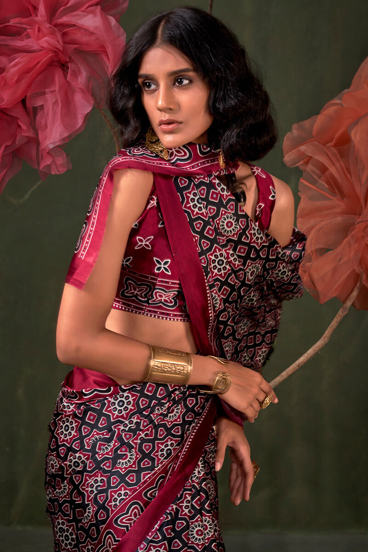 Merlot Wine Ajrakh Printed Satin Silk Saree