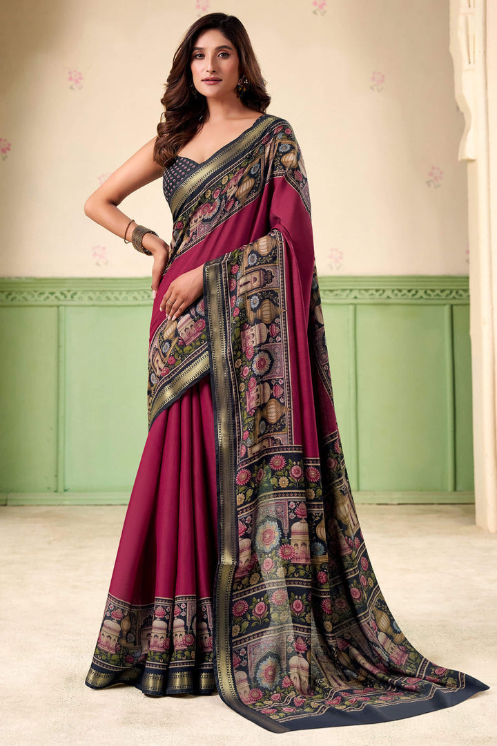 Merlot Wine Printed Mul cotton Silk Saree