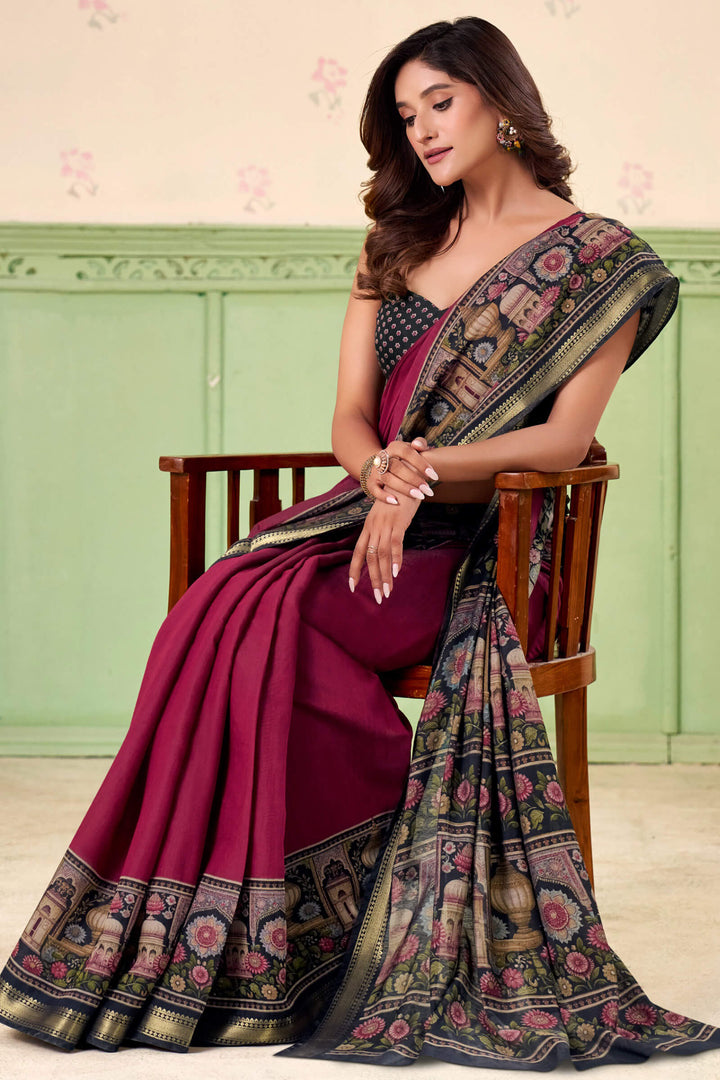 Merlot Wine Printed Mul cotton Silk Saree