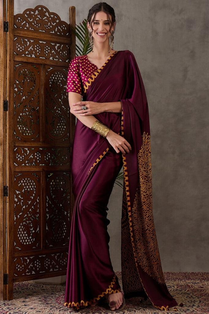 Merlot Wine Printed Satin Silk Saree