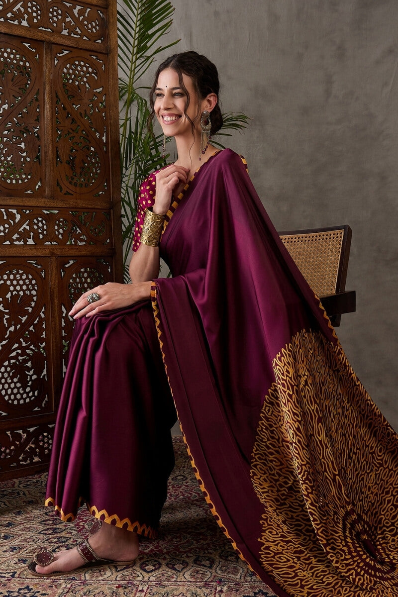 Merlot Wine Printed Satin Silk Saree