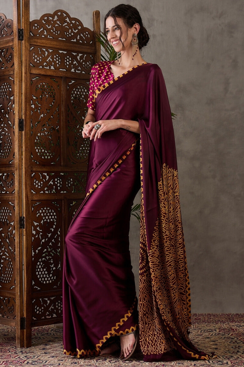 Merlot Wine Printed Satin Silk Saree