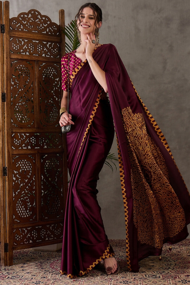 Merlot Wine Printed Satin Silk Saree