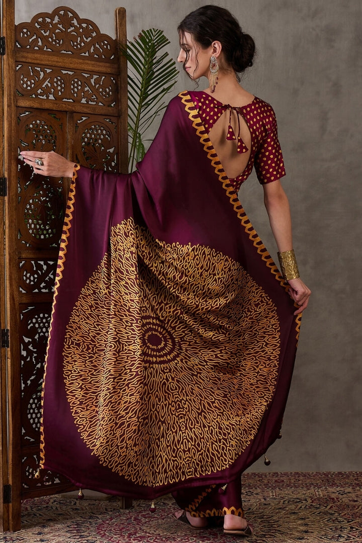Merlot Wine Printed Satin Silk Saree
