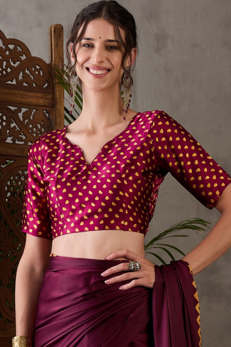 Merlot Wine Printed Satin Silk Saree