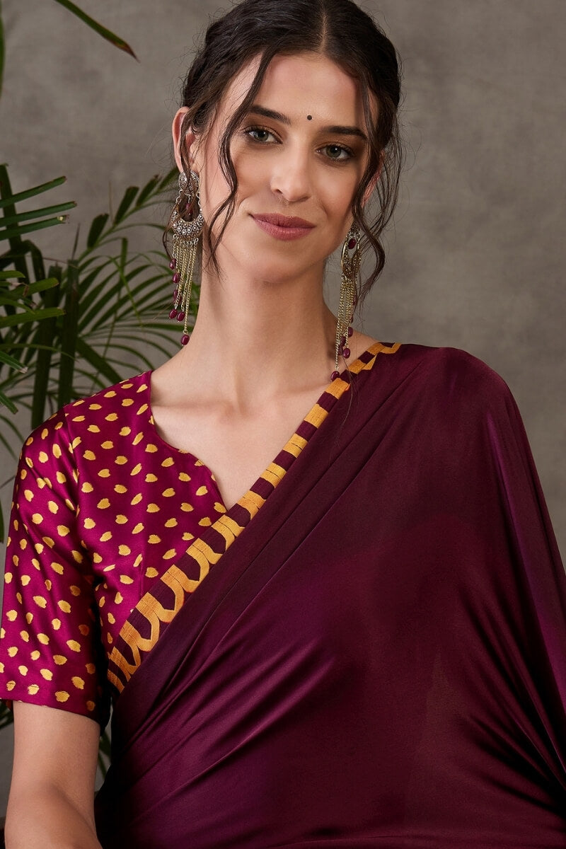 Merlot Wine Printed Satin Silk Saree