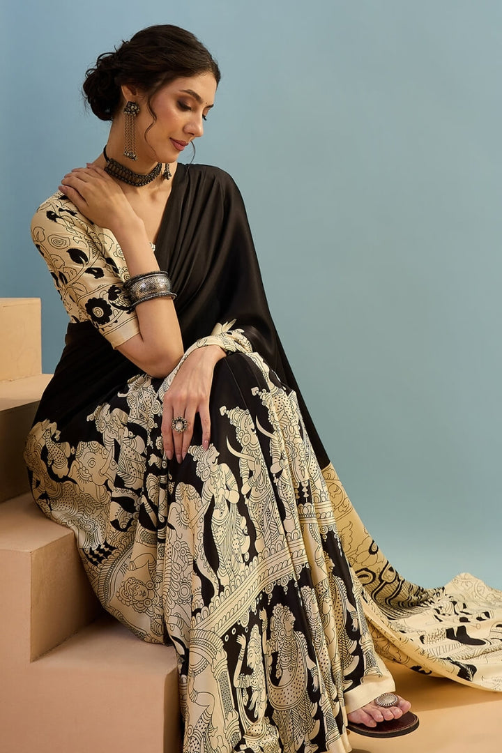 Metal Black Ajrakh Printed Satin Silk Saree