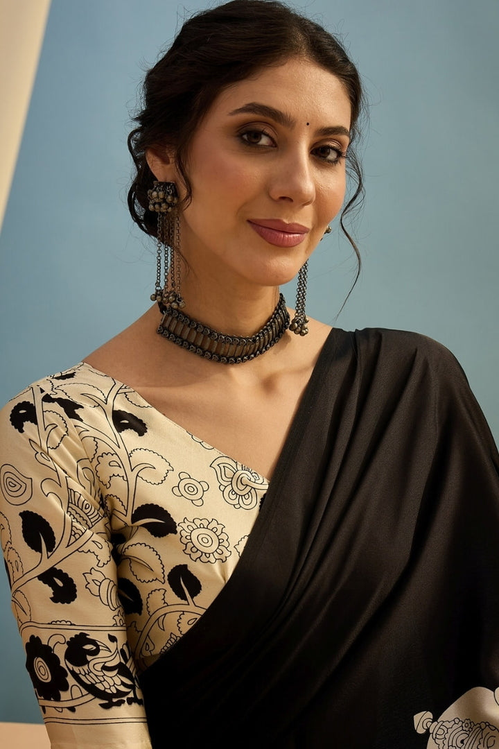 Metal Black Ajrakh Printed Satin Silk Saree