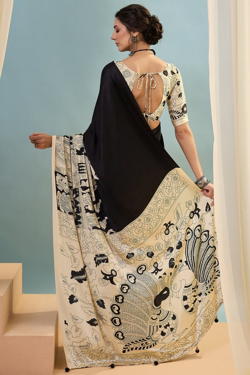 Metal Black Ajrakh Printed Satin Silk Saree