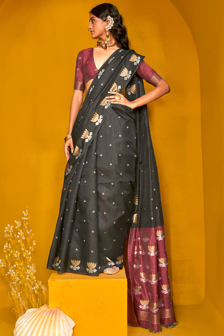 Metal Black Handloom Tussar Silk Saree