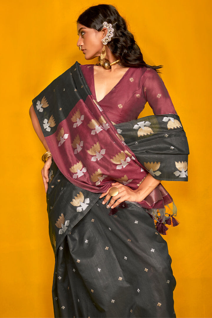 Metal Black Handloom Tussar Silk Saree