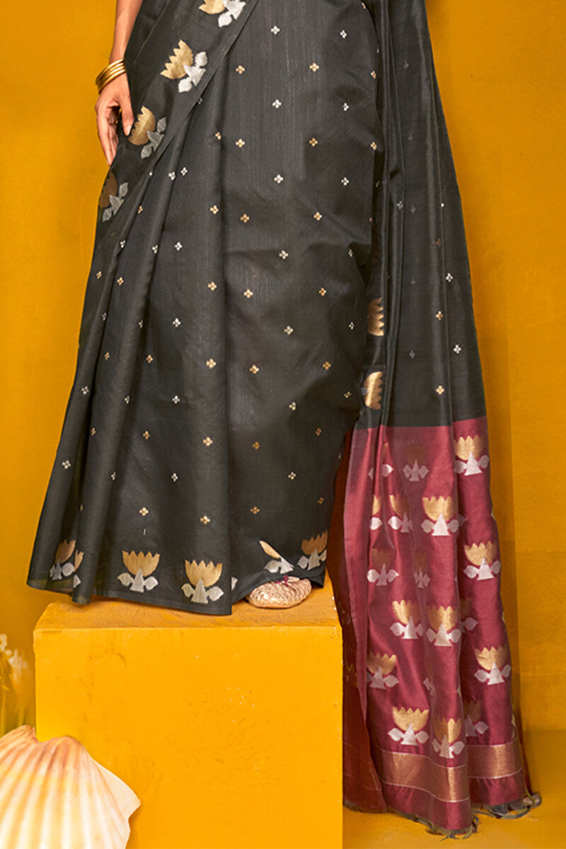 Metal Black Handloom Tussar Silk Saree