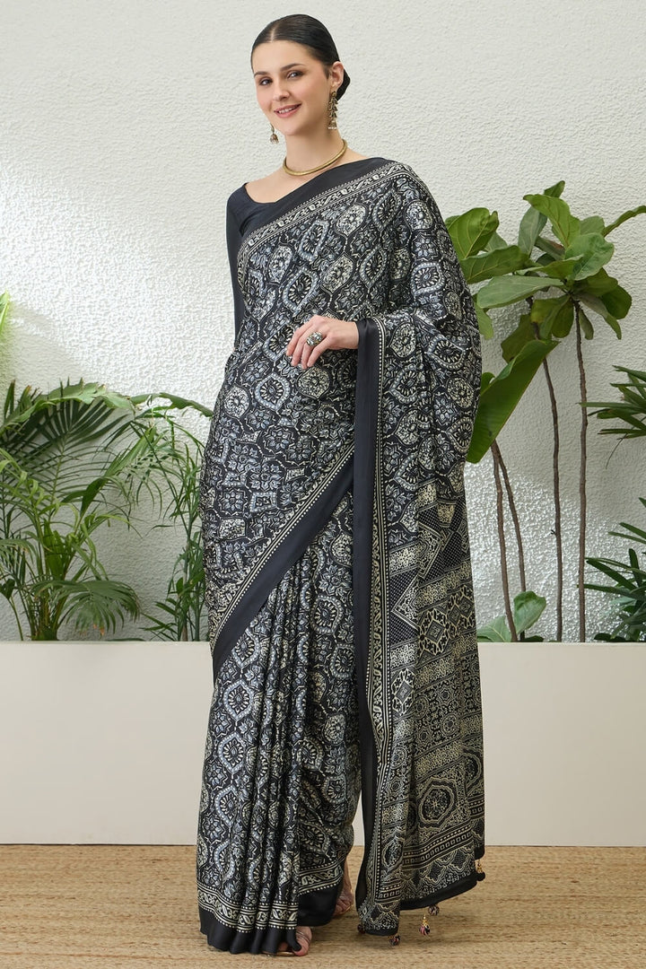 Metal Black Printed Satin Silk Saree