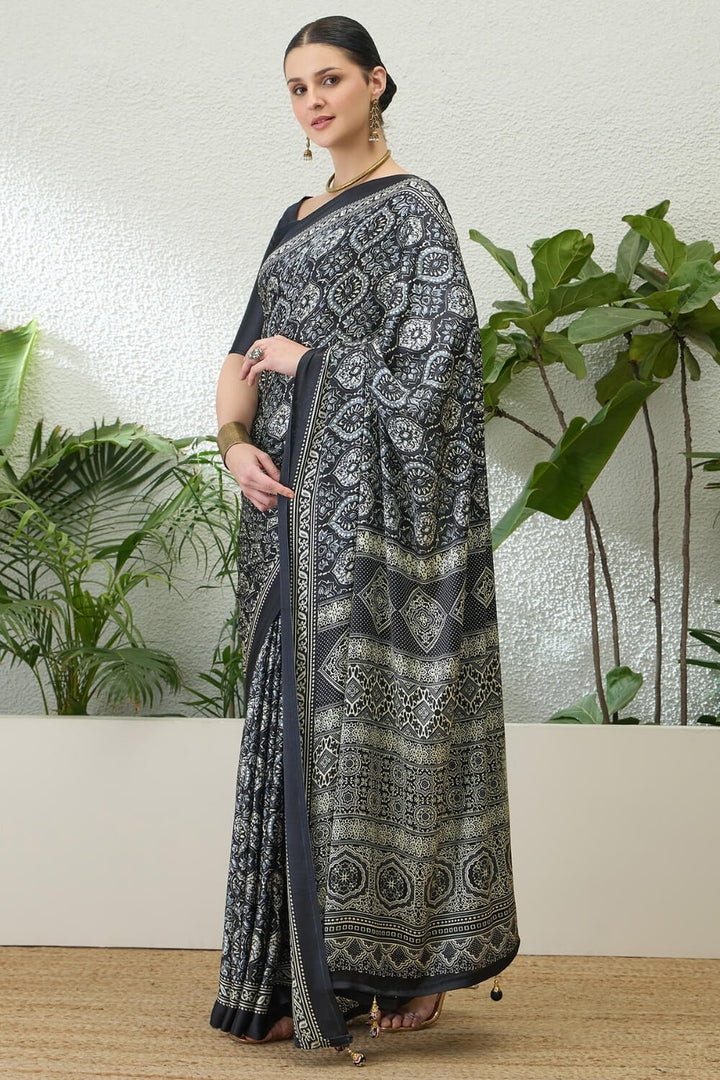 Metal Black Printed Satin Silk Saree