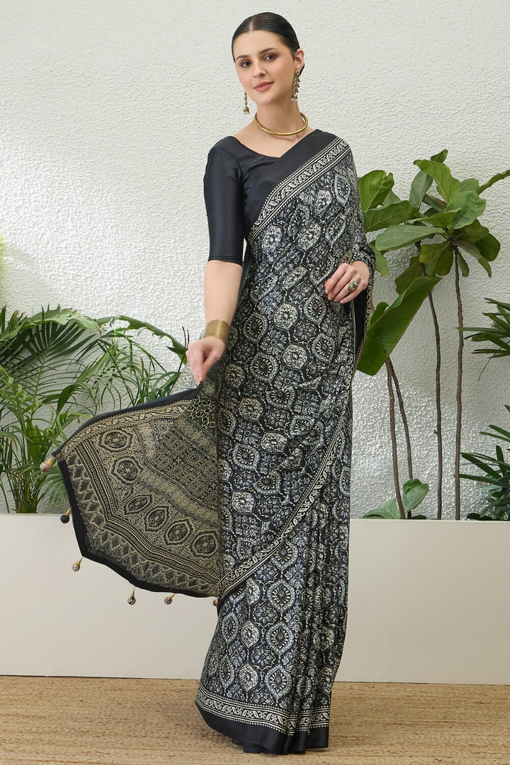 Metal Black Printed Satin Silk Saree
