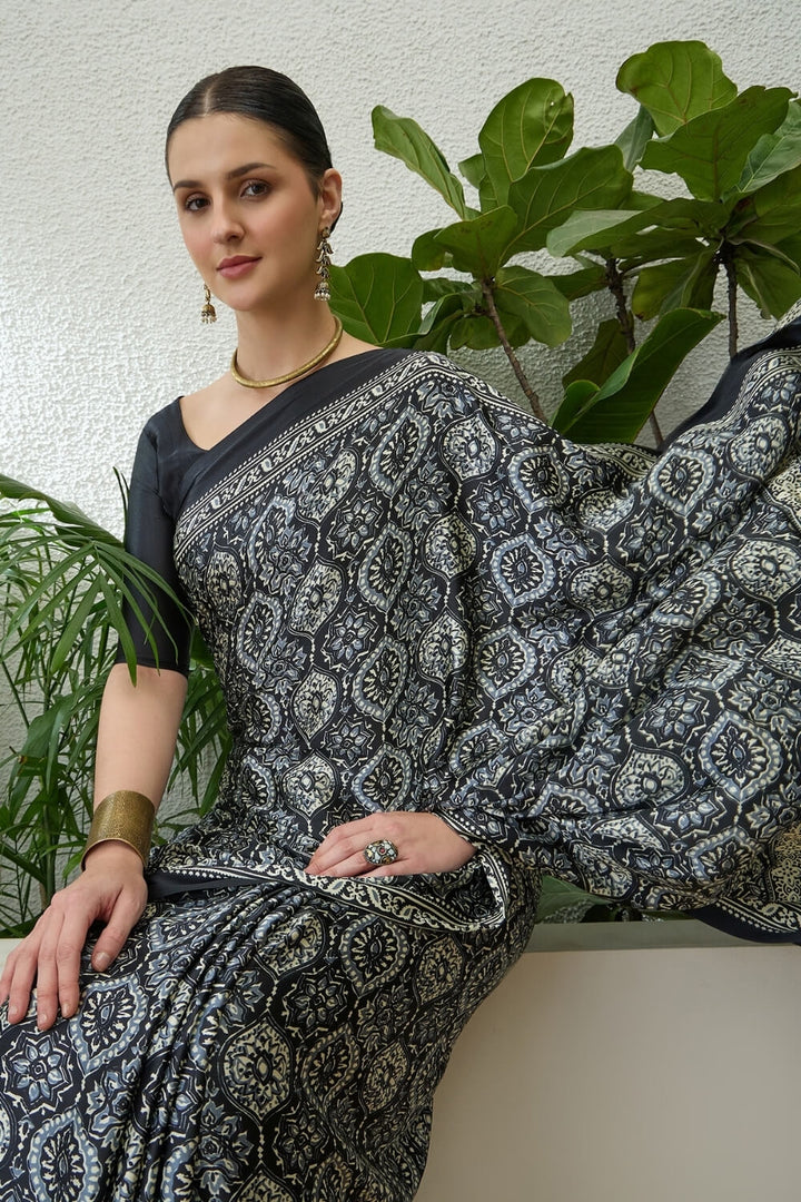 Metal Black Printed Satin Silk Saree