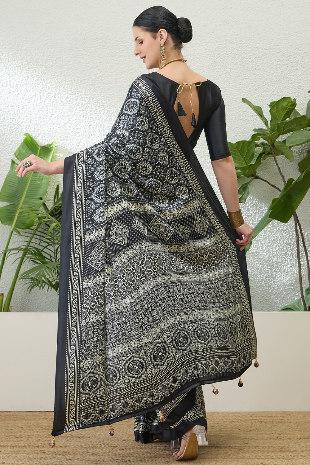 Metal Black Printed Satin Silk Saree