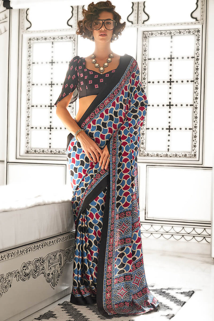 Metallic Blue and Red Ajrakh Printed Satin Silk Saree