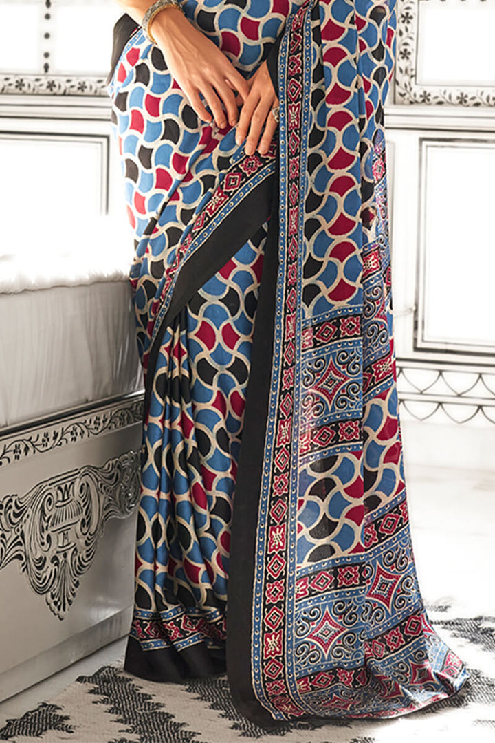 Metallic Blue and Red Ajrakh Printed Satin Silk Saree