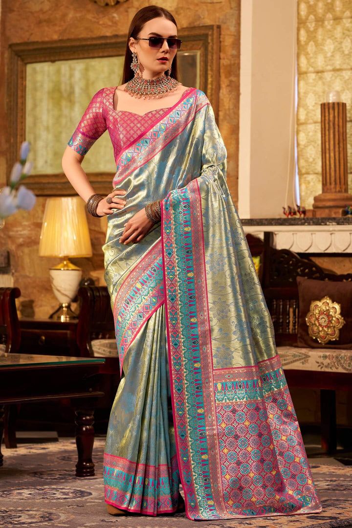 Metallic Blue Banarasi Tissue Silk Saree