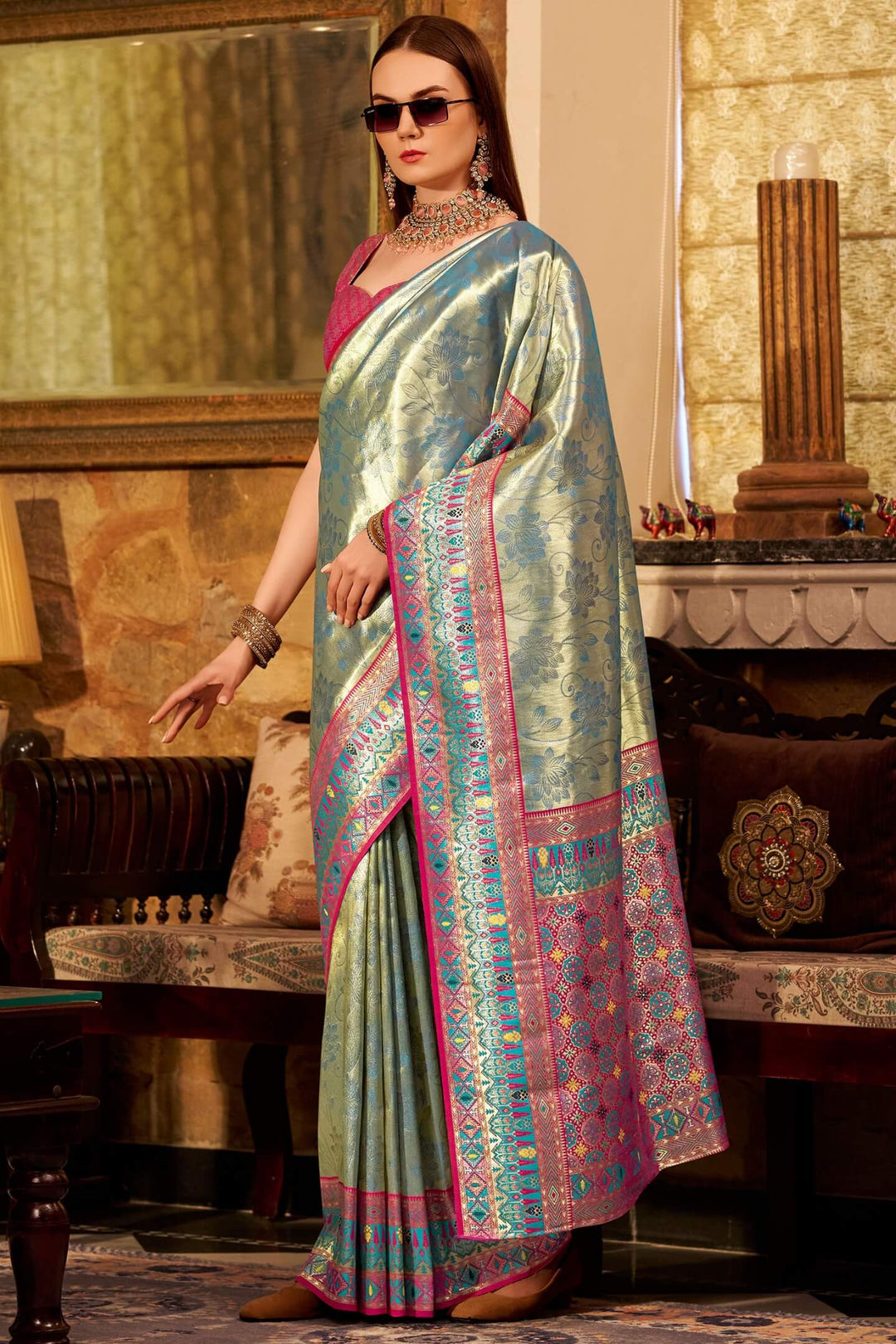 Metallic Blue Banarasi Tissue Silk Saree