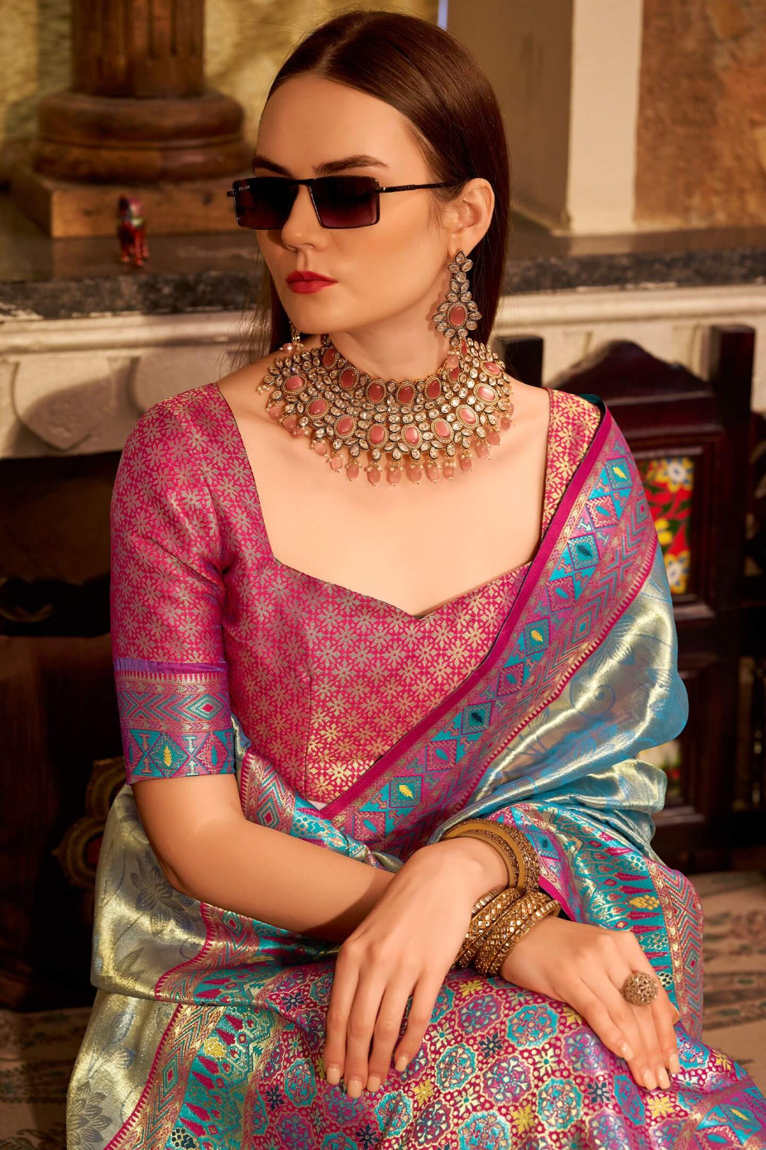 Metallic Blue Banarasi Tissue Silk Saree