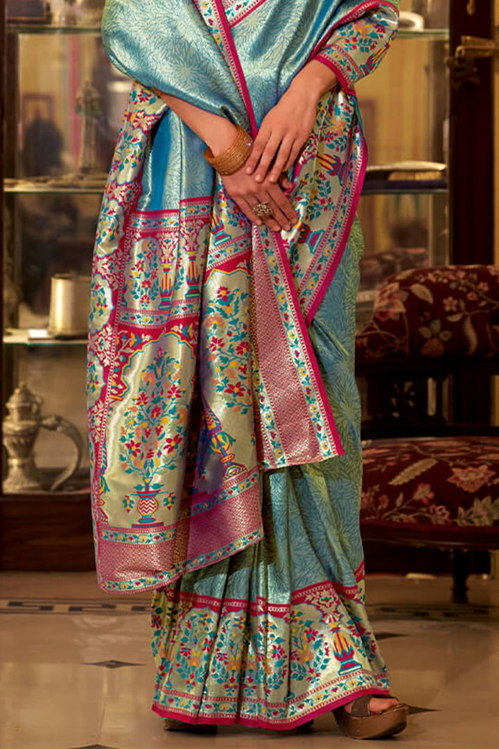 Metallic Blue Paithani Tissue Silk Saree