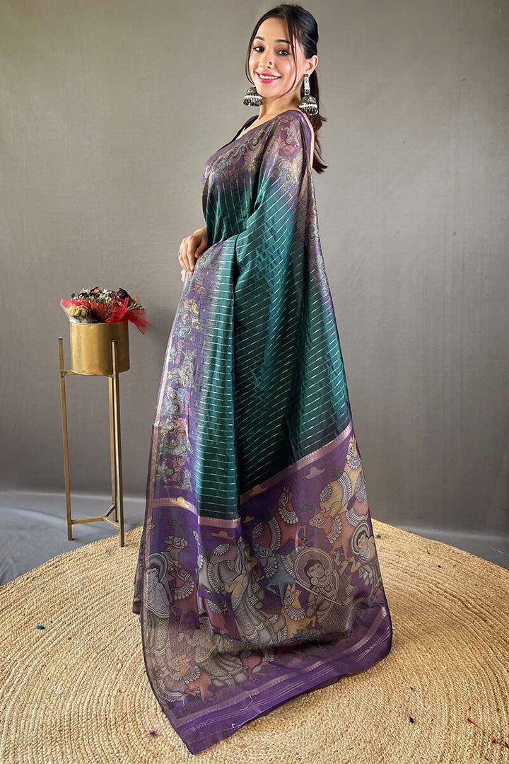 Metallic Blue Printed Chanderi silk saree