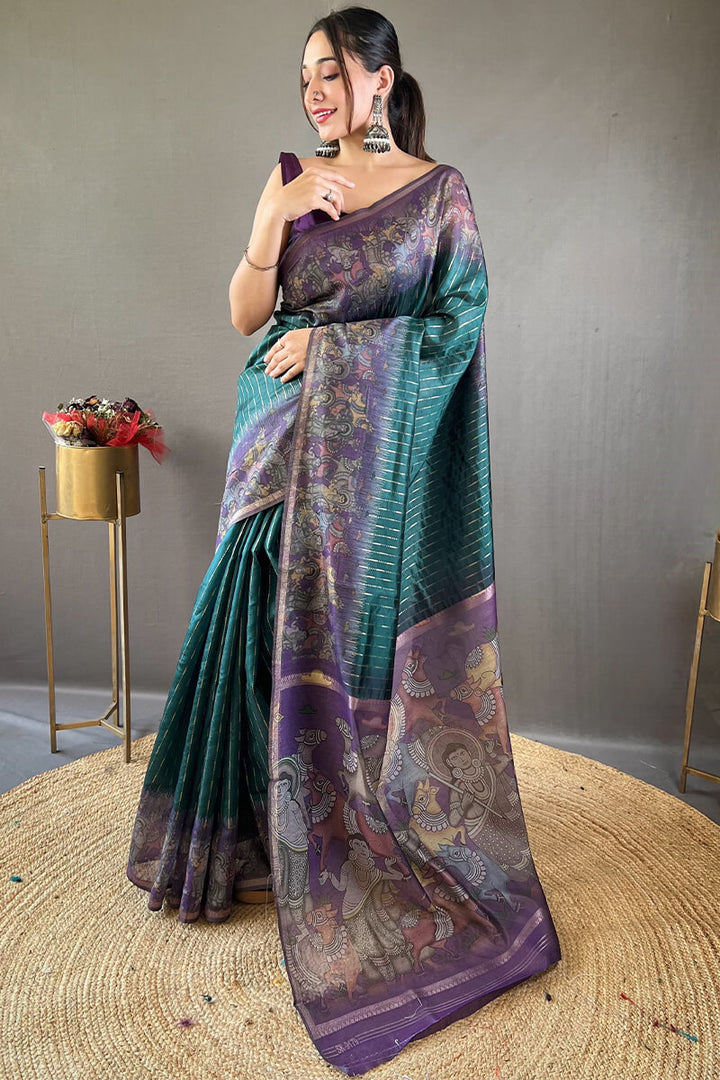 Metallic Blue Printed Chanderi silk saree