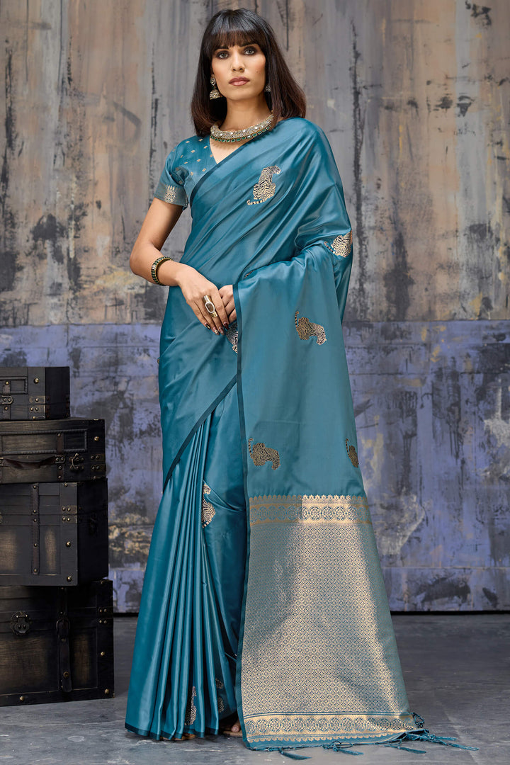 Metallic Blue Zari woven Banarasi Satin Silk Saree