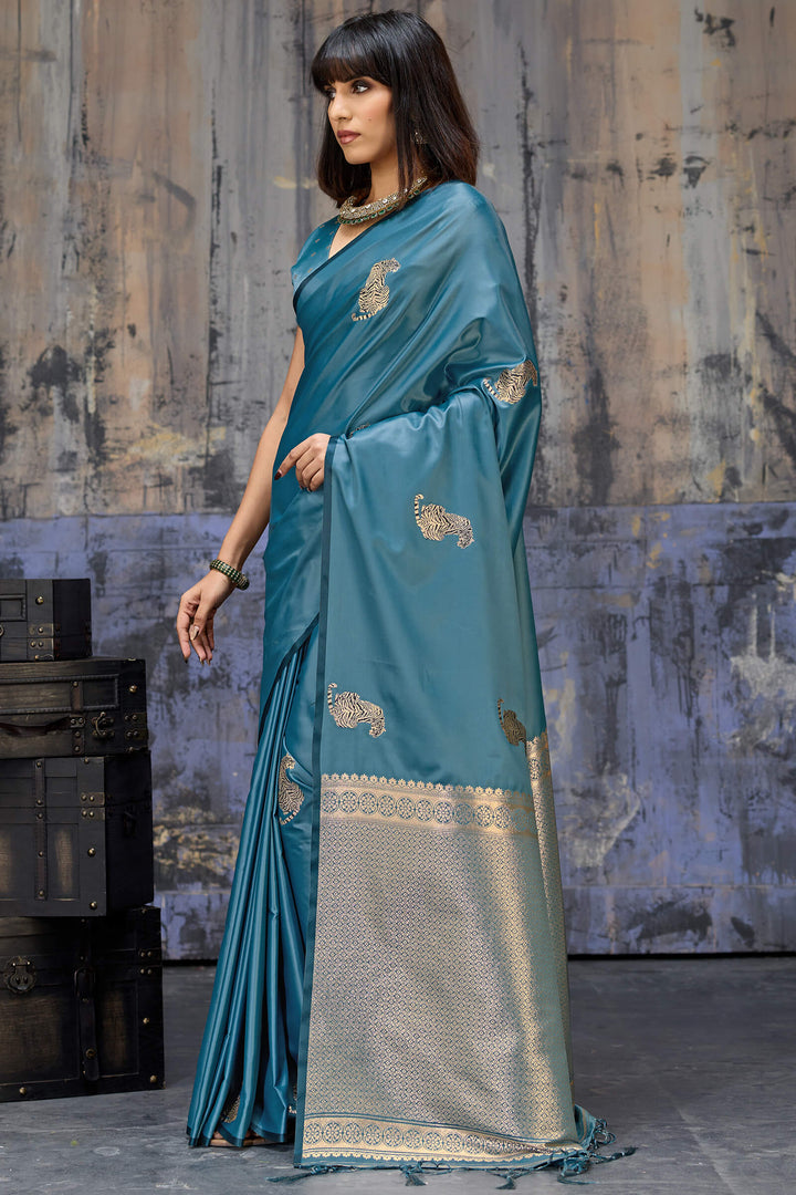 Metallic Blue Zari woven Banarasi Satin Silk Saree