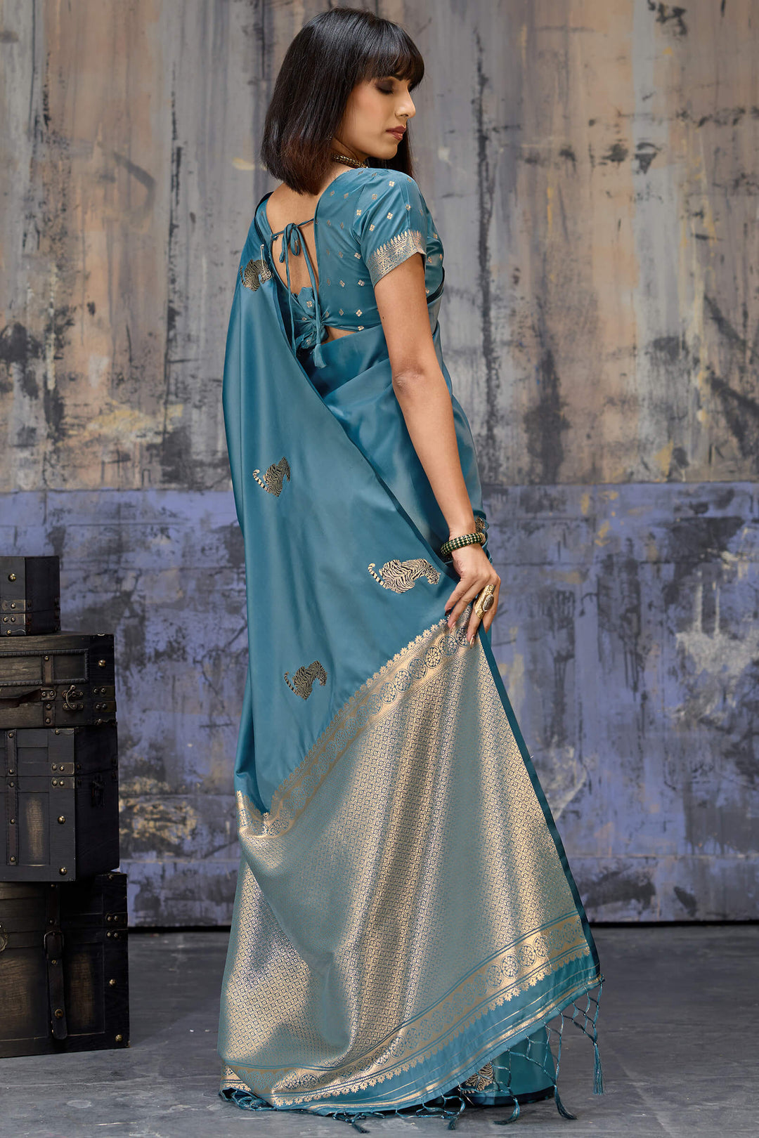 Metallic Blue Zari woven Banarasi Satin Silk Saree