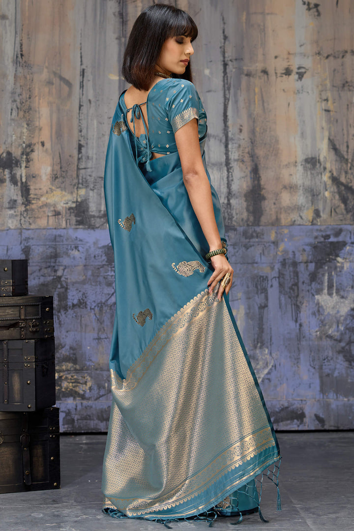 Metallic Blue Zari woven Banarasi Satin Silk Saree