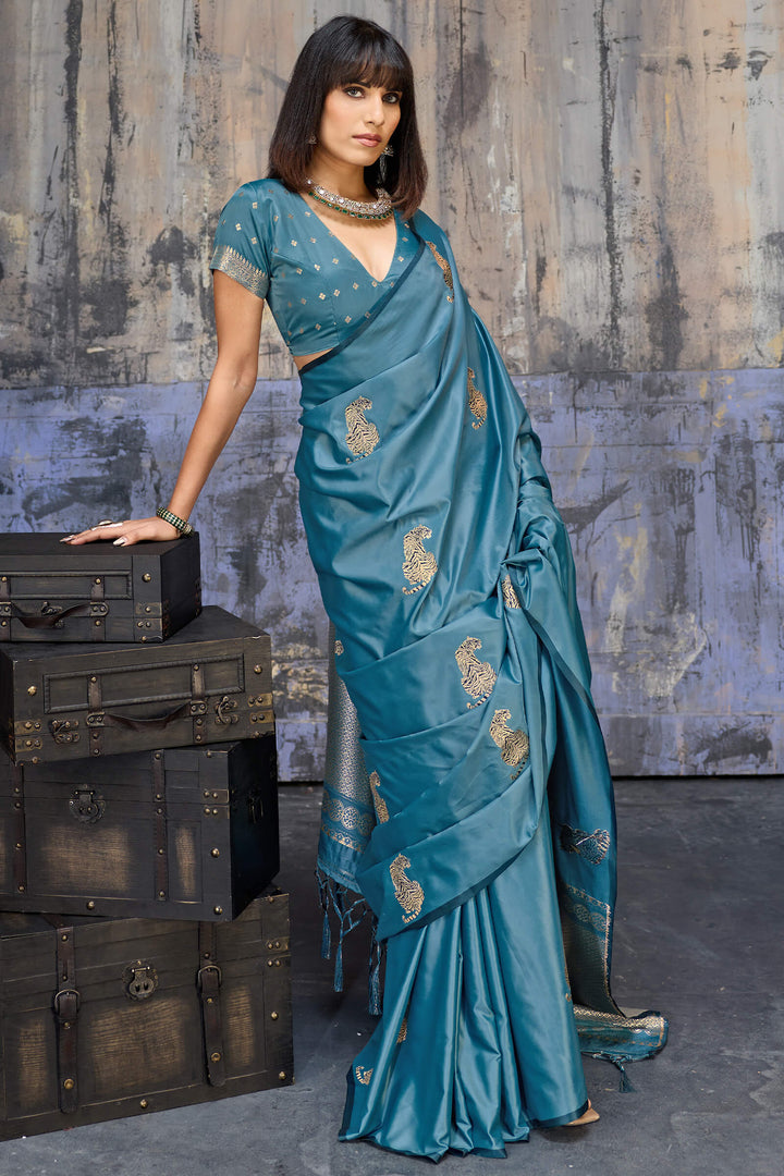Metallic Blue Zari woven Banarasi Satin Silk Saree