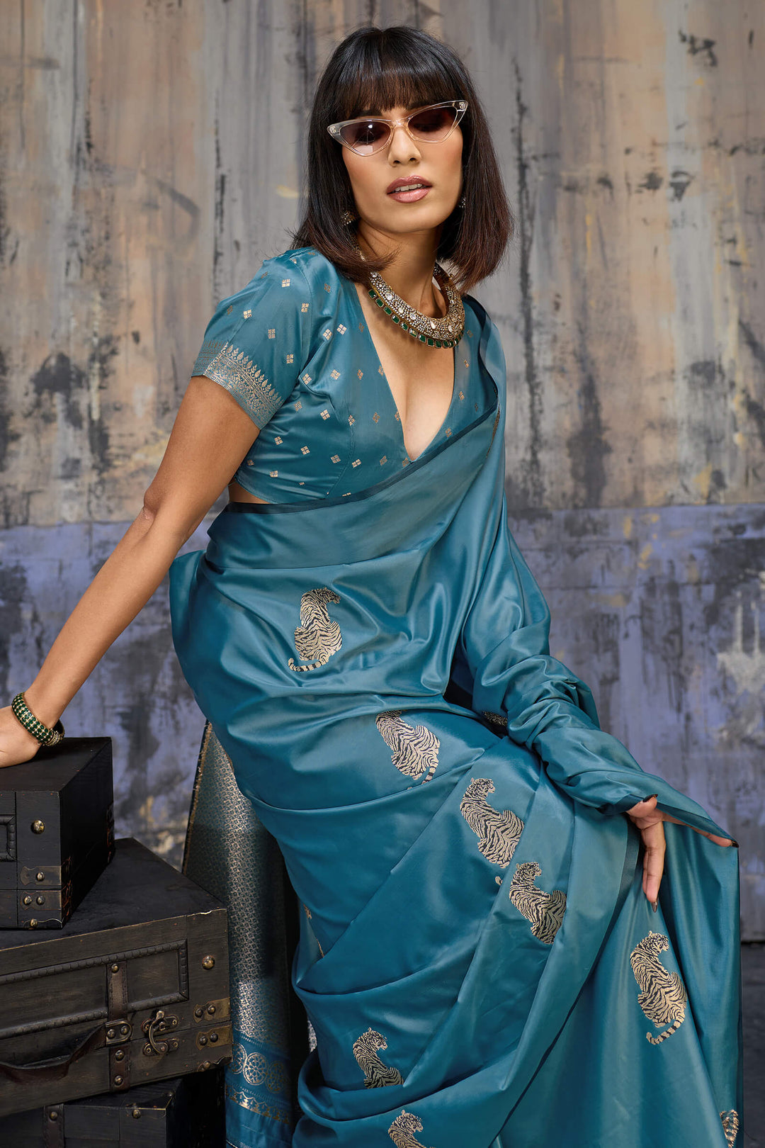 Metallic Blue Zari woven Banarasi Satin Silk Saree
